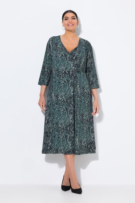 Robe midi en jersey, motif peau de serpent, décolleté en V et manches 3/4