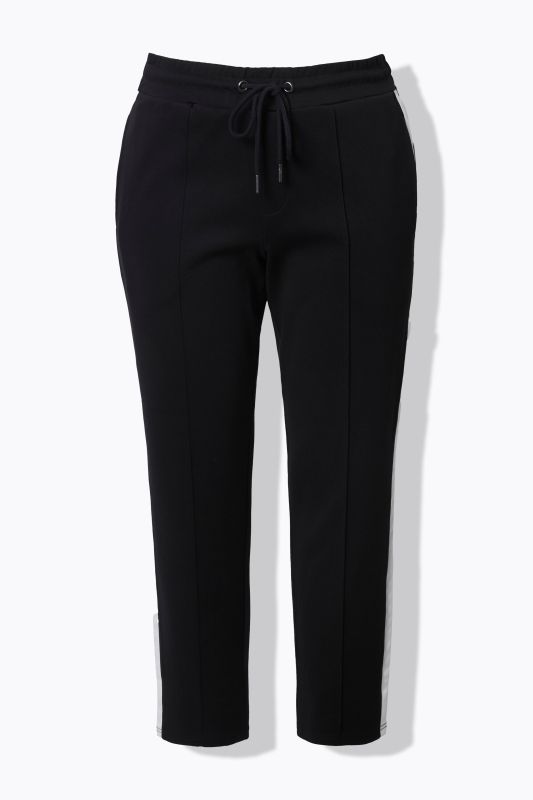 Pantalon point de Rome, jambe carotte et taille élastique, galon le long de la jambe