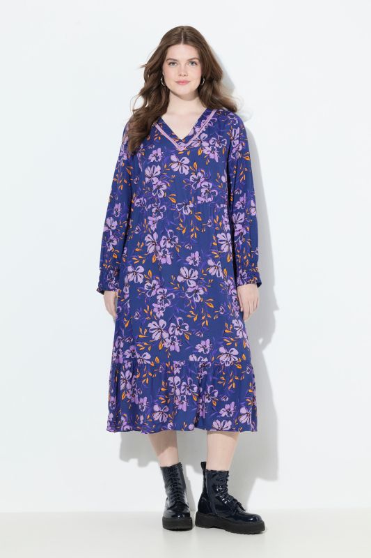 Robe midi à fleurs, coupe évasée, décolleté en V et manches longues