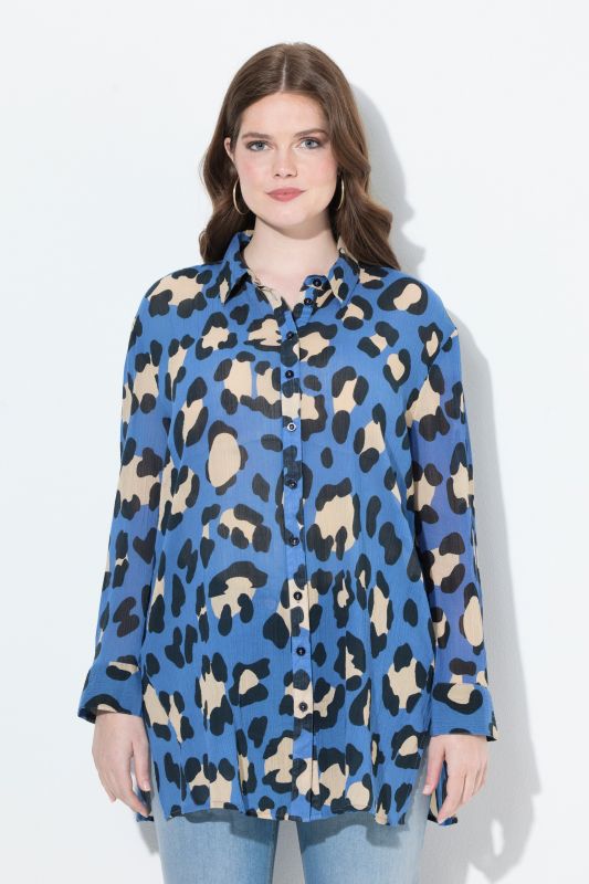 Chemisier motif léopard, coupe évasée, manches longues et col chemise