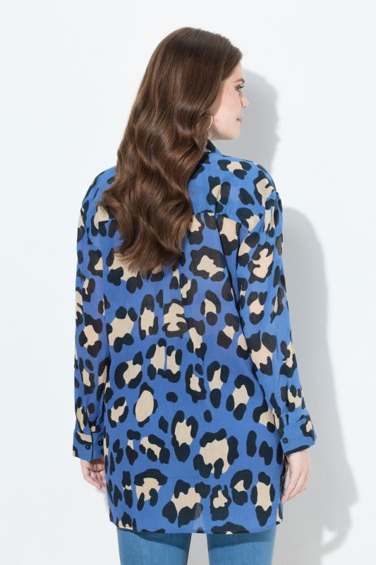 Chemisier motif léopard, coupe évasée, manches longues et col chemise