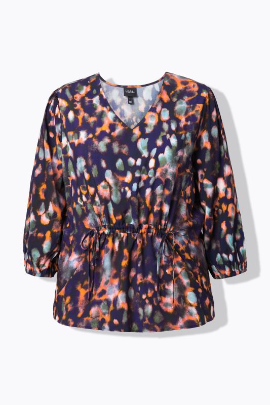 Blouse avec imprimé, cordon à froncer, décolleté en V et manches 3/4