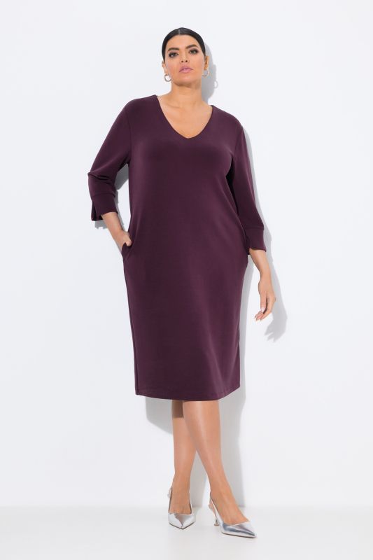 Robe en molleton, modal mélangé, décolleté en V et manches 3/4