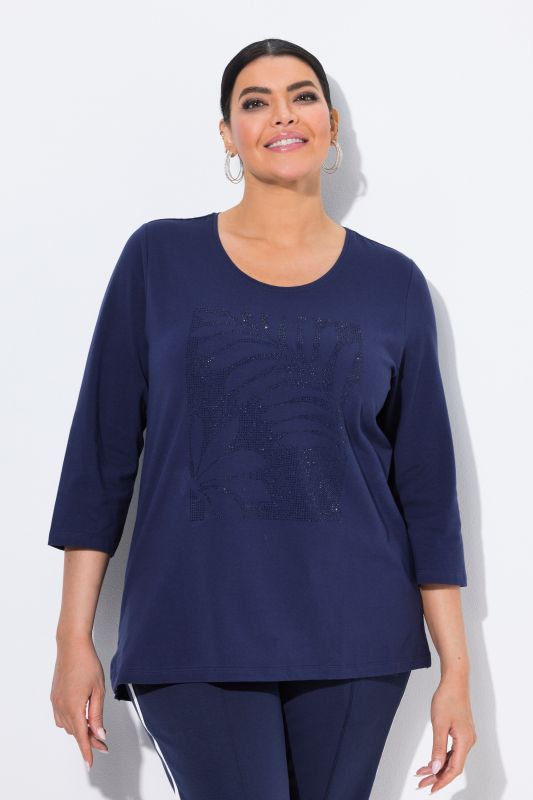 T-shirt décolleté rond et manches 3/4, strass fantaisie, coupe Classic Fit