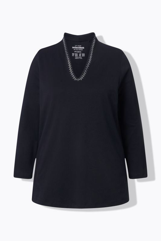 T-shirt en coton Pima, manches longues et col calice, coupe évasée
