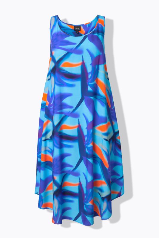 Robe midi sans manches. Col rond et imprimé à fleurs. Coupe évasée