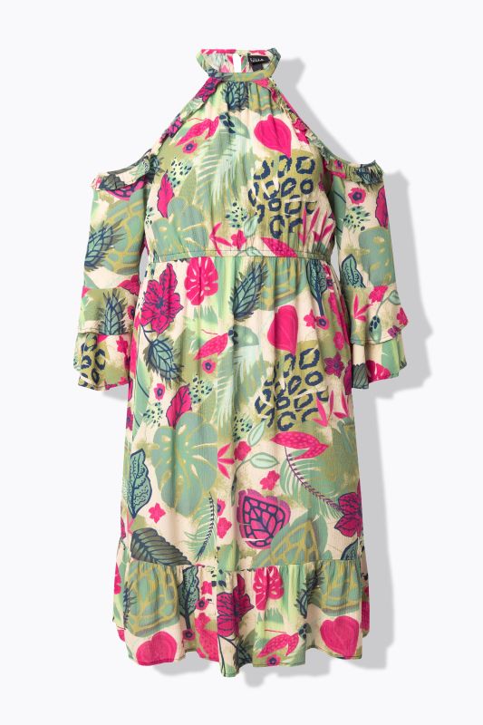 Robe à col rond et manches 3/4. Épaules nues et coupe évasée