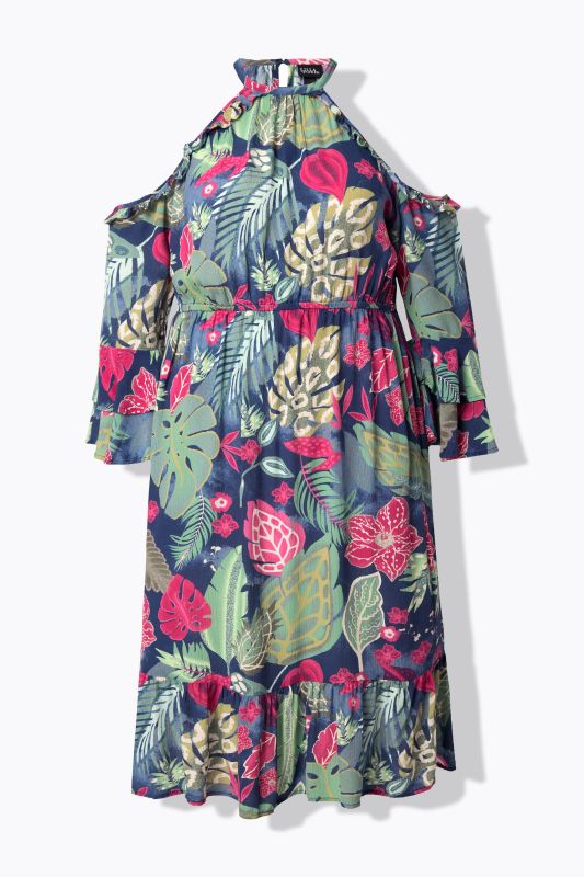 Robe à col rond et manches 3/4. Épaules nues et coupe évasée