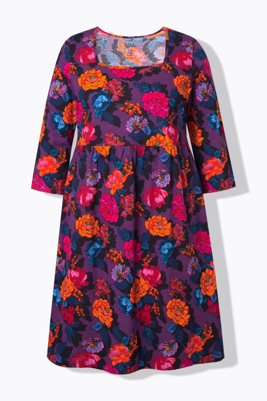 Robe évasée en jersey, encolure carré et manches 3/4