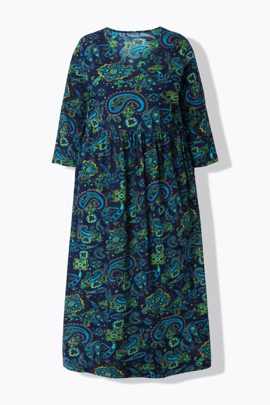 Robe en jersey, motif cachemire. Col en V et manches 3/4. Coupe évasée