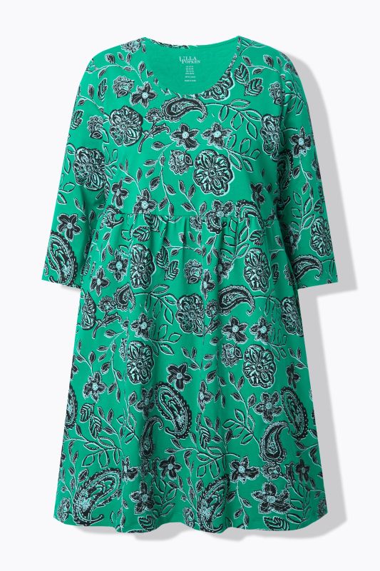 Robe en jersey, motif cachemire. Col rond et manches 3/4. Coupe évasée