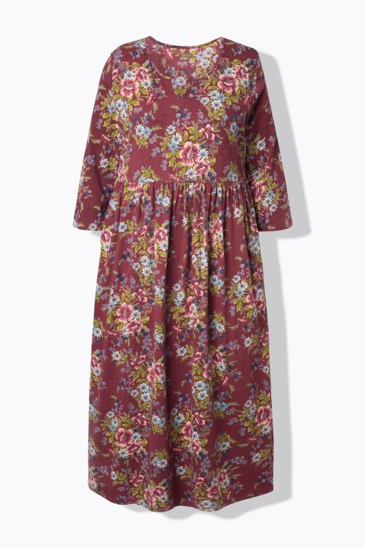 Robe maxi en jersey motif floral, col tunisien et manches 3/4, coupe évasée