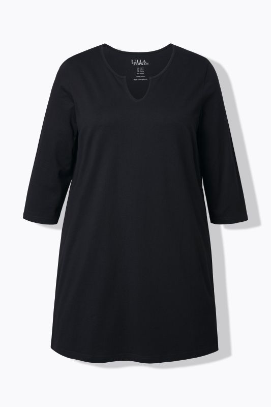 T-shirt long, coupe évasée, col tunisien et manches 3/4