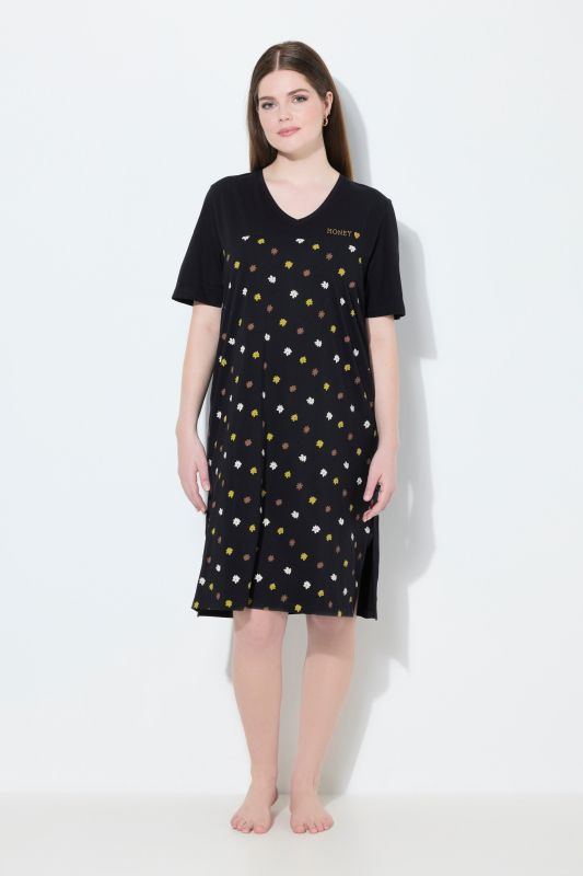 Chemise de nuit à fleurs, broderie sur le buste, décolleté en V et manches courtes