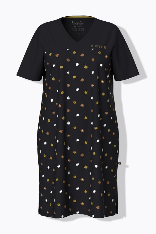Chemise de nuit à fleurs, broderie sur le buste, décolleté en V et manches courtes