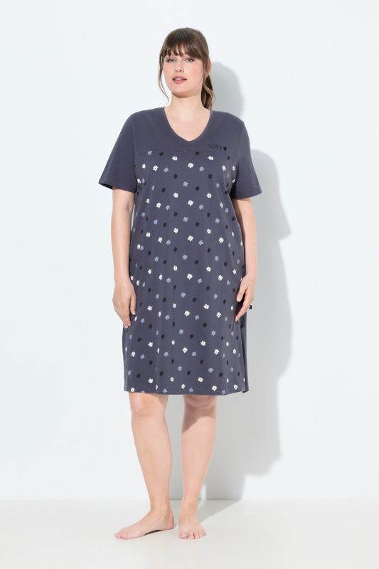 Chemise de nuit à fleurs, broderie sur le buste, décolleté en V et manches courtes