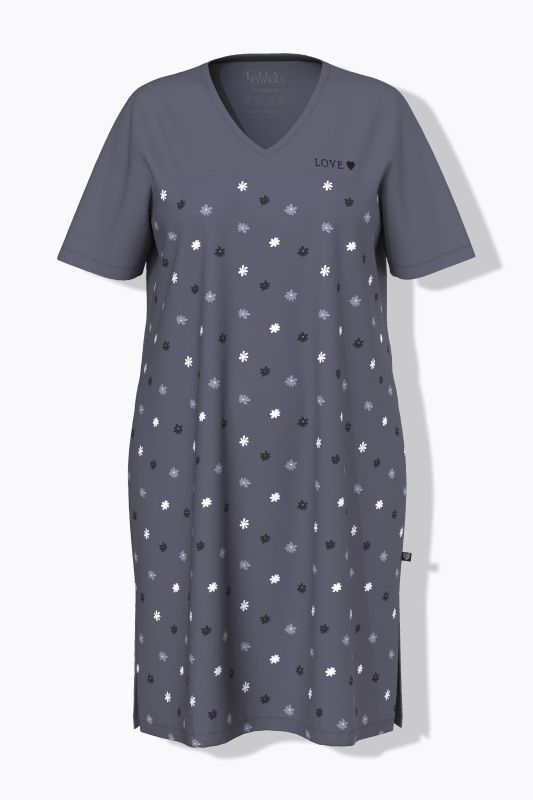 Chemise de nuit à fleurs, broderie sur le buste, décolleté en V et manches courtes