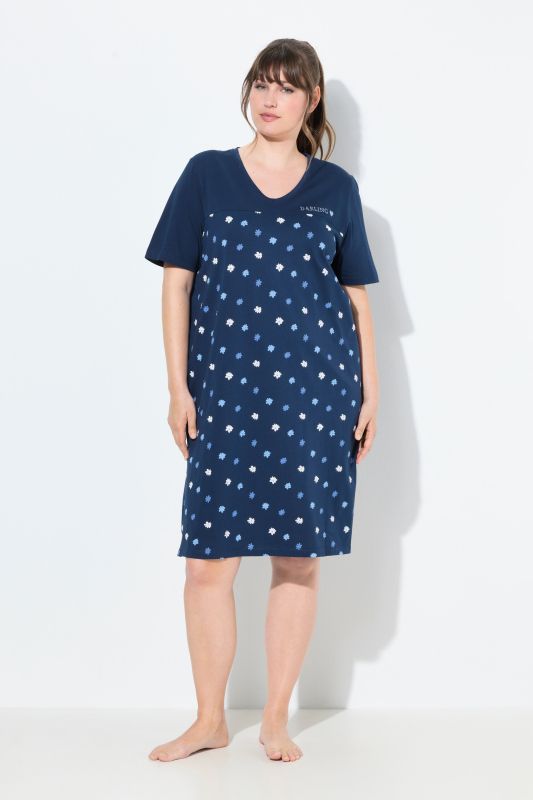 Chemise de nuit à fleurs, broderie sur le buste, décolleté en V et manches courtes