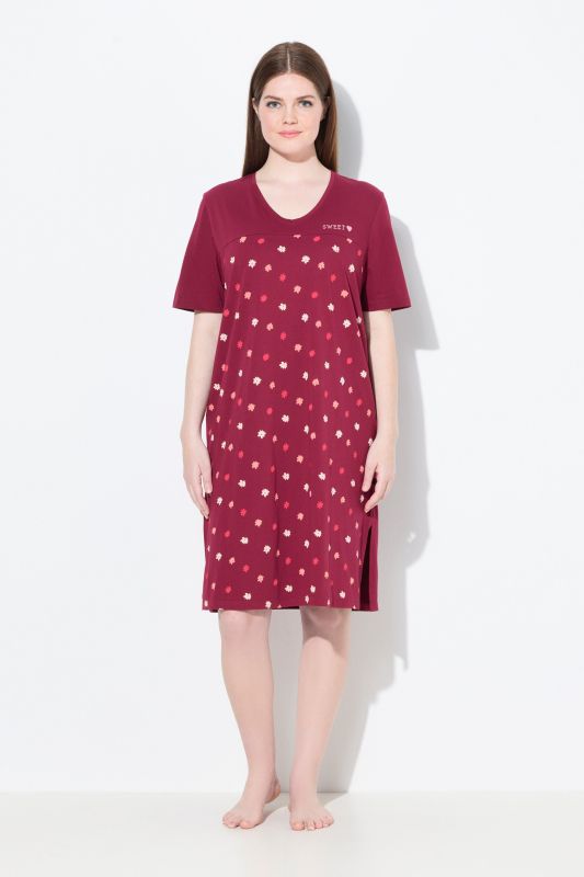 Chemise de nuit à fleurs, broderie sur le buste, décolleté en V et manches courtes