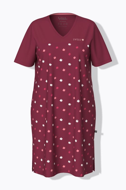 Chemise de nuit à fleurs, broderie sur le buste, décolleté en V et manches courtes