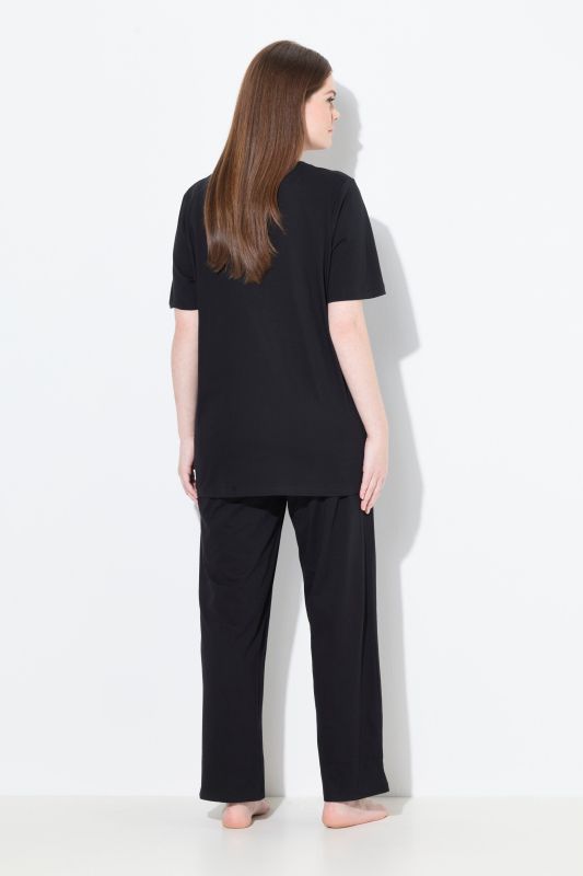 Pyjama 2 pièces, pantalon + haut à fleurs avec broderie, décolleté rond et manches courtes