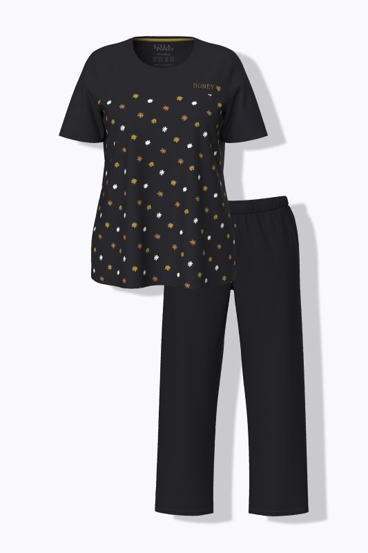 Pyjama 2 pièces, pantalon + haut à fleurs avec broderie, décolleté rond et manches courtes
