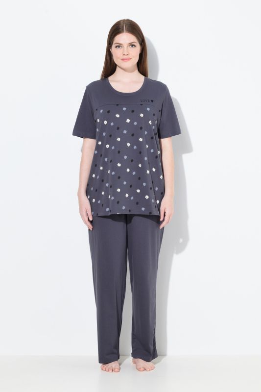 Pyjama 2 pièces, pantalon + haut à fleurs avec broderie, décolleté rond et manches courtes