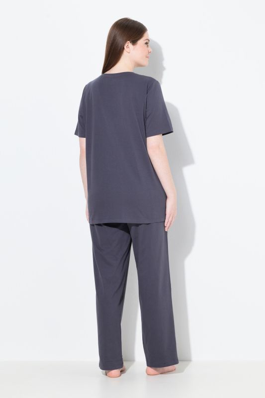 Pyjama 2 pièces, pantalon + haut à fleurs avec broderie, décolleté rond et manches courtes