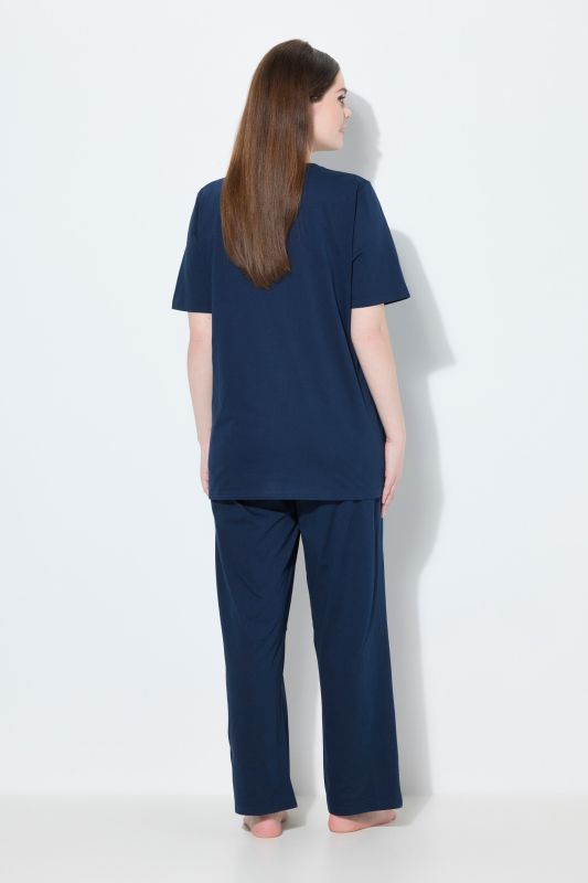 Pyjama 2 pièces, pantalon + haut à fleurs avec broderie, décolleté rond et manches courtes