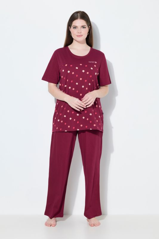 Pyjama 2 pièces, pantalon + haut à fleurs avec broderie, décolleté rond et manches courtes