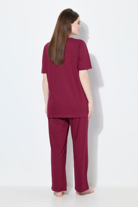 Pyjama 2 pièces, pantalon + haut à fleurs avec broderie, décolleté rond et manches courtes