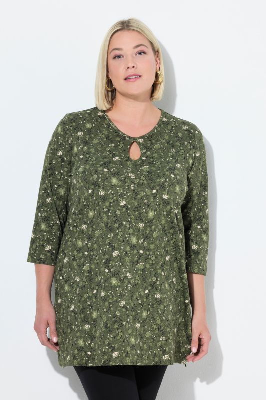 T-shirt long coupe évasée, décolleté rond et manches 3/4