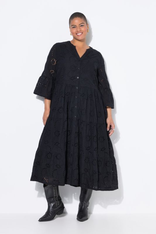 Robe maxi à volants. Manches 3/4 et broderie ajourée