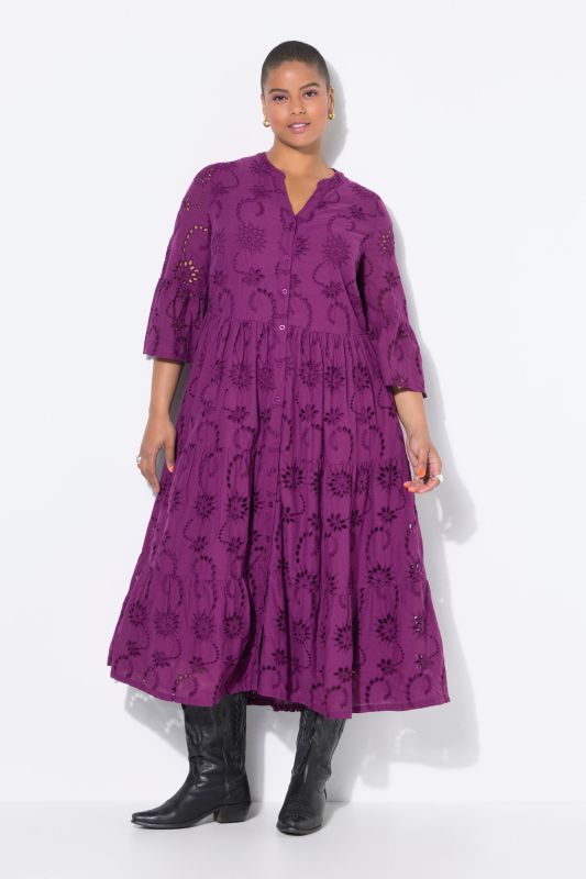 Robe maxi à volants. Manches 3/4 et broderie ajourée