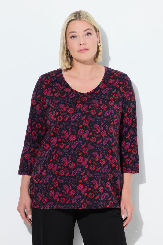 T-shirt coupe évasée, décolleté en V et manches 3/4