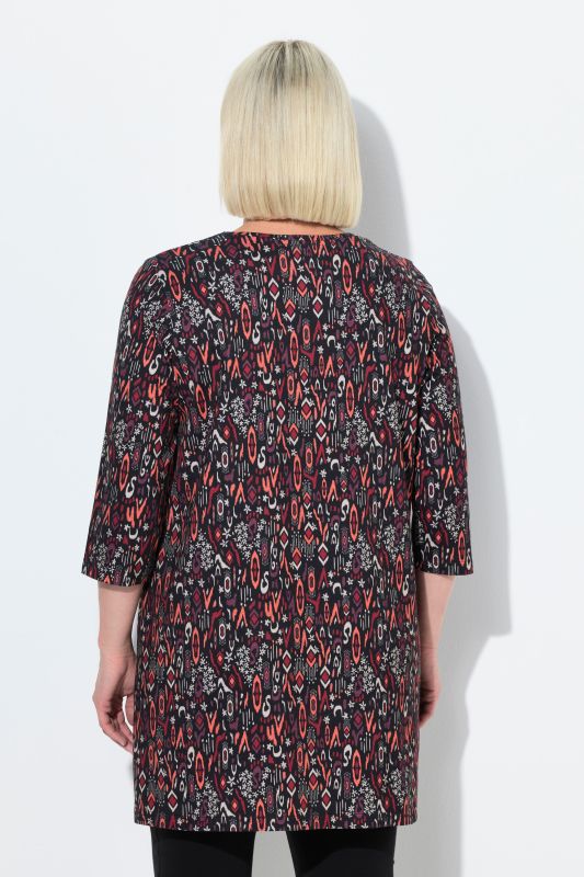 T-shirt long, coupe évasée, décolleté en V et manches 3/4