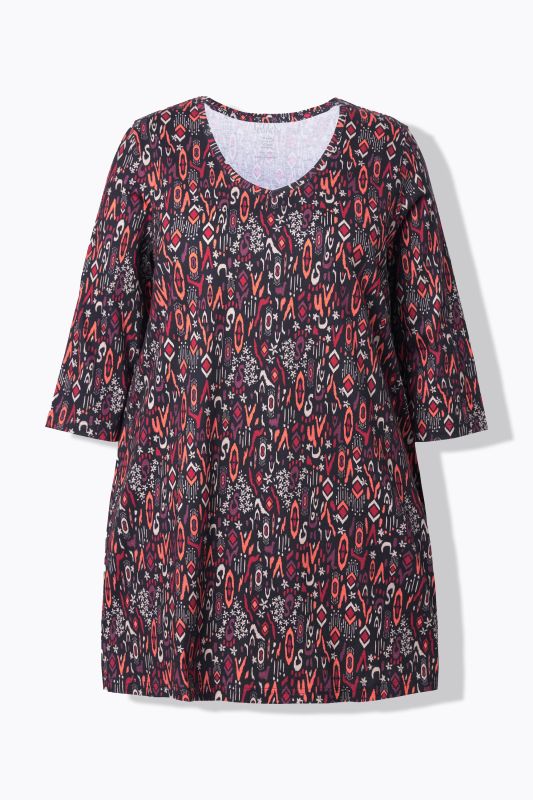 T-shirt long, coupe évasée, décolleté en V et manches 3/4