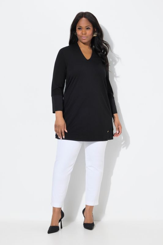 T-shirt long, maille point de Rome. Col calice et manches 3/4
