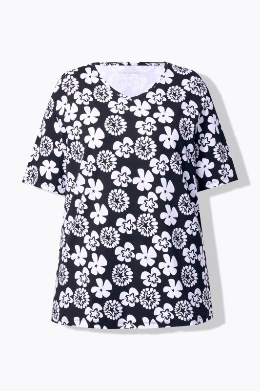 T-shirt à fleurs, coupe évasée. Encolure V et manches courtes