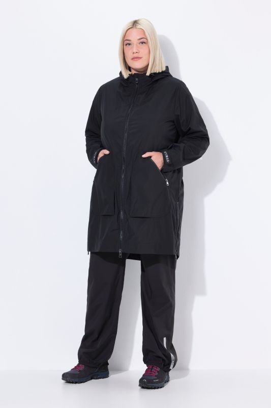Veste de pluie imperméable, capuche et fermeture zippée de chaque côté, coupe évasée