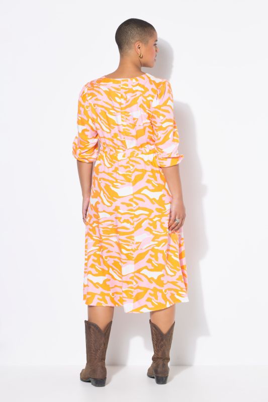 Robe midi manches 3/4, imprimé zébré coloré, coupe évasée