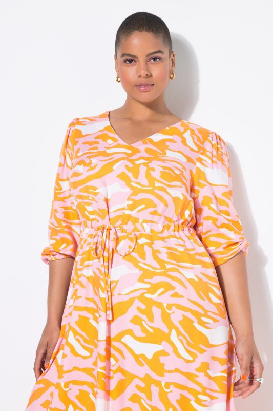 Robe midi manches 3/4, imprimé zébré coloré, coupe évasée