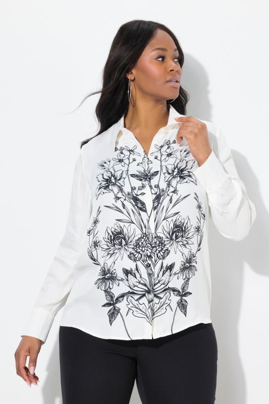 Chemisier en satin, motif floral. Col classique et manches longues