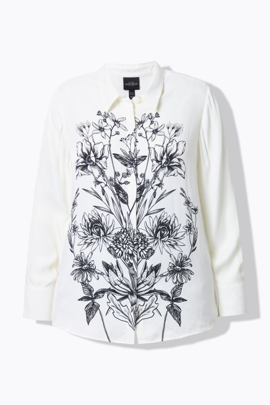 Chemisier en satin, motif floral. Col classique et manches longues