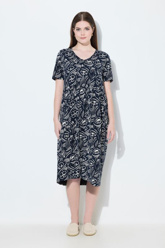 Robe midi en coton bio motif floral, décolleté en V et manches courtes