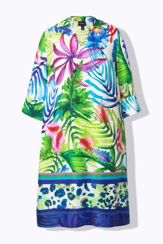 Robe midi en satin. Motif feuilles et coupe évasée. Manches 3/4 et col chemise