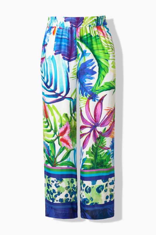 Pantalon en satin à taille élastique. Jambe droite et large. Imprimé feuilles
