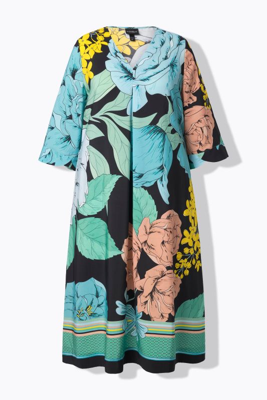 Robe midi en lyocell. Col en V et manches 3/4. Imprimé grandes fleurs. Coupe évasée