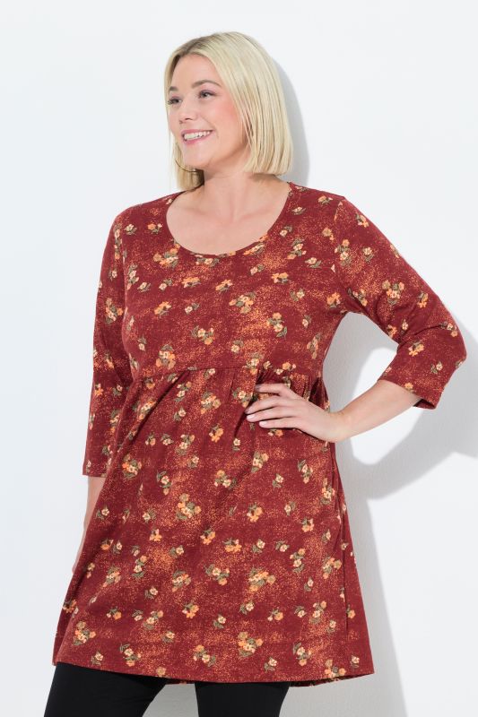 T-shirt long imprimé à pois, décolleté rond et manches 3/4, coupe évasée
