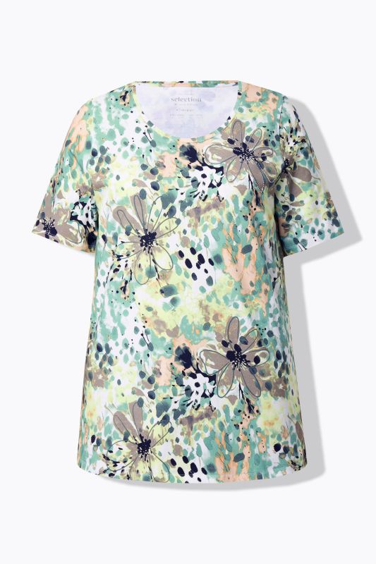 T-shirt à strass fantaisie, coupe évasée. Encolure ronde et manches courtes